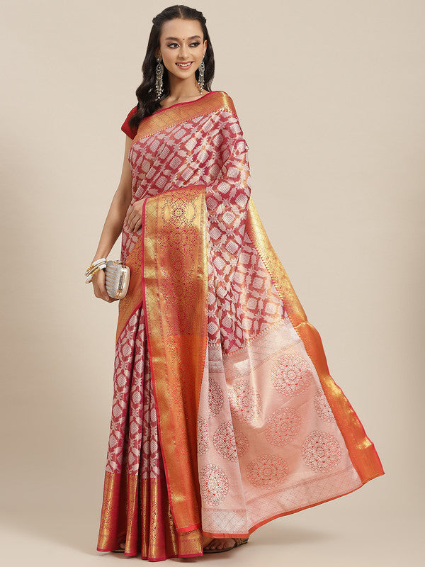 Pink Brocade Woven Zari Design Floral Saree with Unstitched Blouse - Hiral Fashion