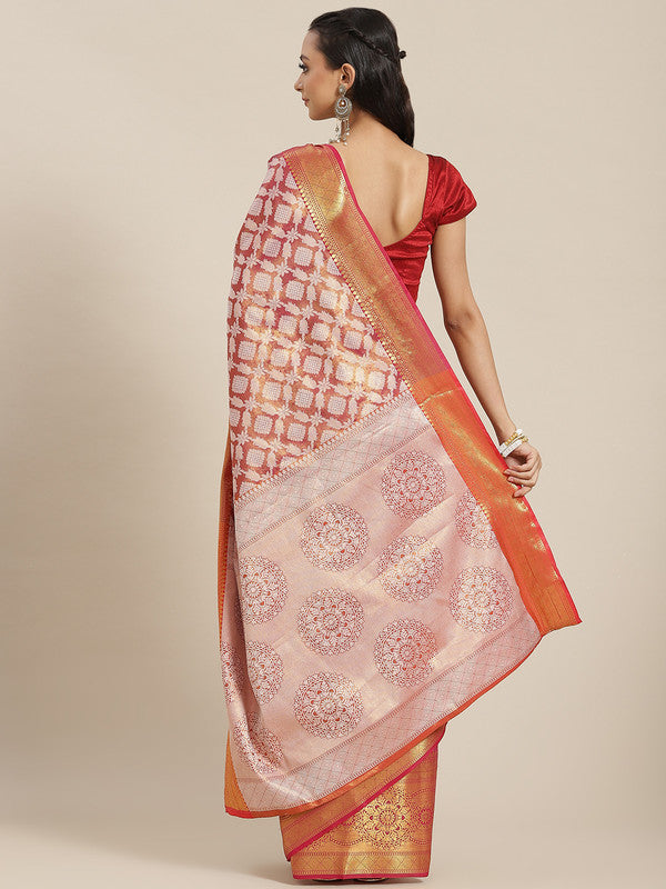 Pink Brocade Woven Zari Design Floral Saree with Unstitched Blouse - Hiral Fashion