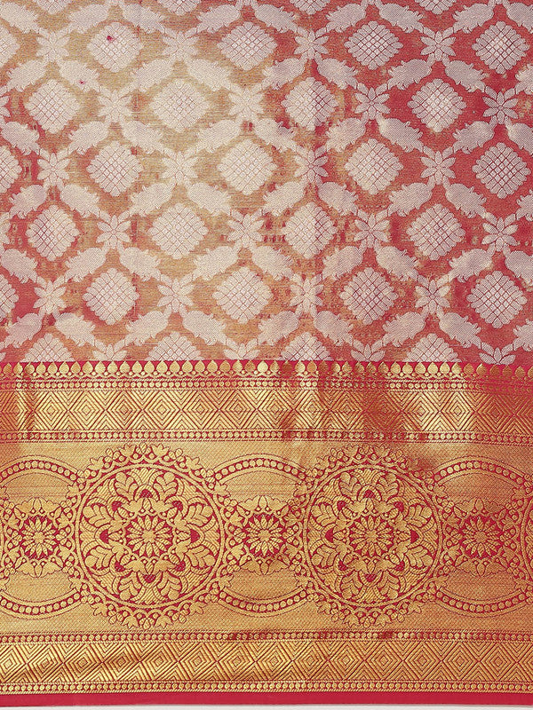 Pink Brocade Woven Zari Design Floral Saree with Unstitched Blouse - Hiral Fashion