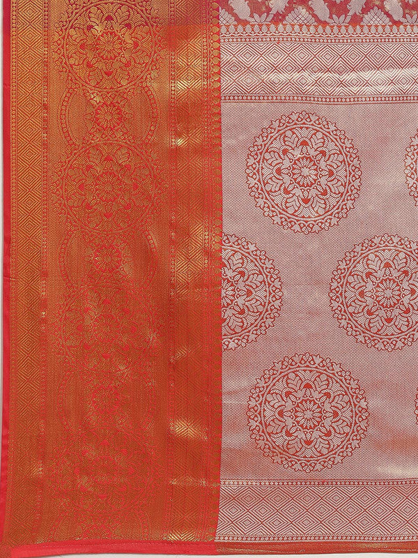 Pink Brocade Woven Zari Design Floral Saree with Unstitched Blouse - Hiral Fashion