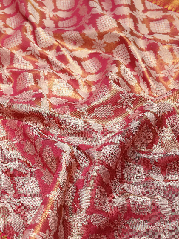 Pink Brocade Woven Zari Design Floral Saree with Unstitched Blouse - Hiral Fashion