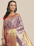 Purple Brocade Woven Zari Design Floral Saree with Unstitched Blouse - Hiral Fashion