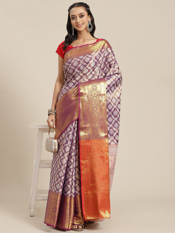 Purple Brocade Woven Zari Design Floral Saree with Unstitched Blouse - Hiral Fashion