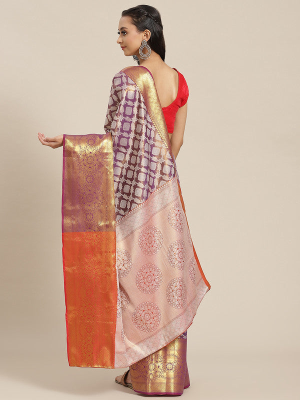 Purple Brocade Woven Zari Design Floral Saree with Unstitched Blouse - Hiral Fashion