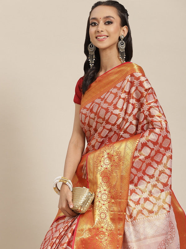 Red Brocade Woven Zari Design Floral Saree with Unstitched Blouse - Hiral Fashion