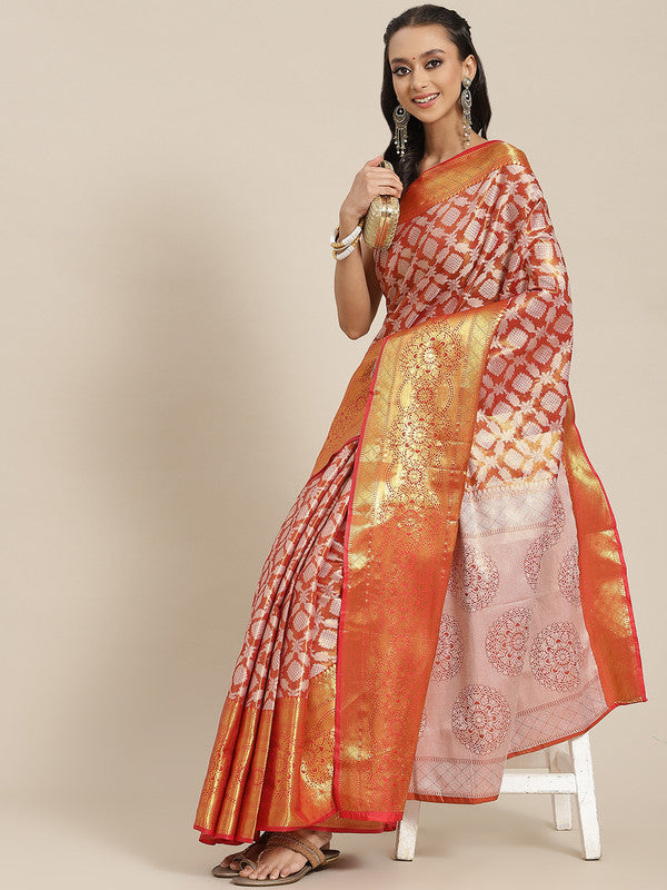 Red Brocade Woven Zari Design Floral Saree with Unstitched Blouse - Hiral Fashion