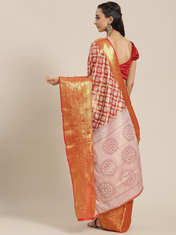 Red Brocade Woven Zari Design Floral Saree with Unstitched Blouse - Hiral Fashion