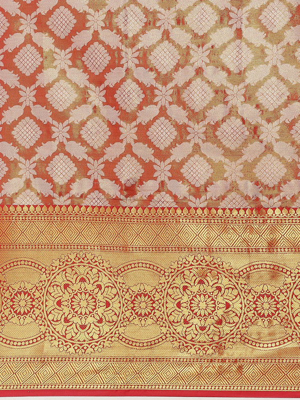 Red Brocade Woven Zari Design Floral Saree with Unstitched Blouse - Hiral Fashion