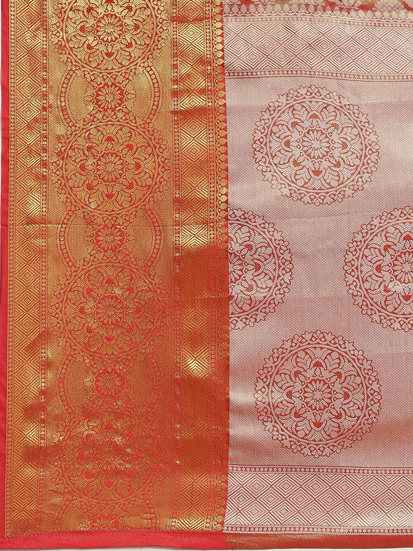 Red Brocade Woven Zari Design Floral Saree with Unstitched Blouse - Hiral Fashion