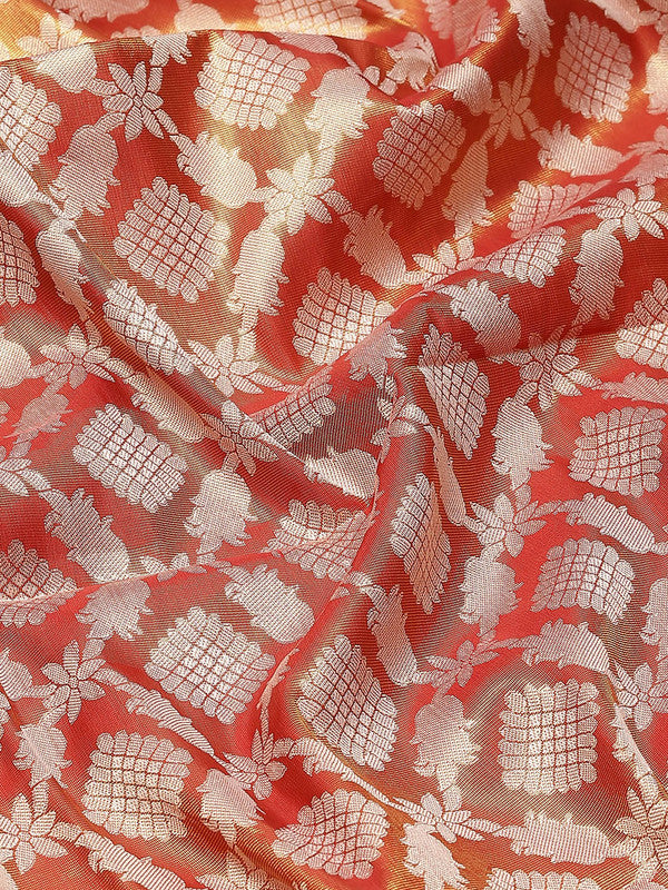 Red Brocade Woven Zari Design Floral Saree with Unstitched Blouse - Hiral Fashion