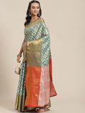 Turquoise Brocade Woven Zari Design Floral Saree with Unstitched Blouse - Hiral Fashion