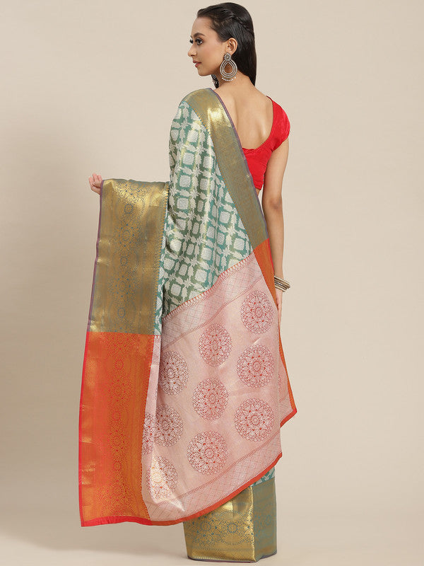 Turquoise Brocade Woven Zari Design Floral Saree with Unstitched Blouse - Hiral Fashion