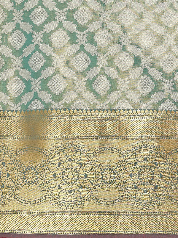 Turquoise Brocade Woven Zari Design Floral Saree with Unstitched Blouse - Hiral Fashion