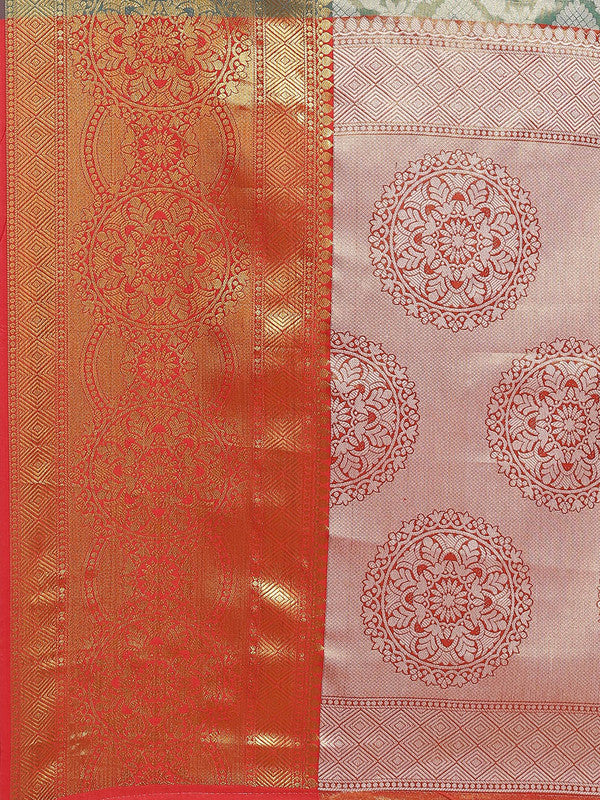 Turquoise Brocade Woven Zari Design Floral Saree with Unstitched Blouse - Hiral Fashion