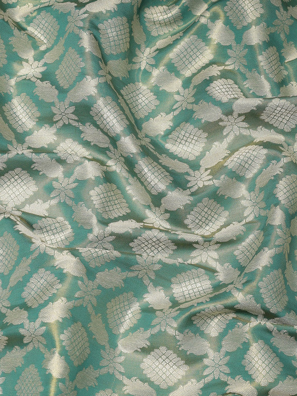 Turquoise Brocade Woven Zari Design Floral Saree with Unstitched Blouse - Hiral Fashion