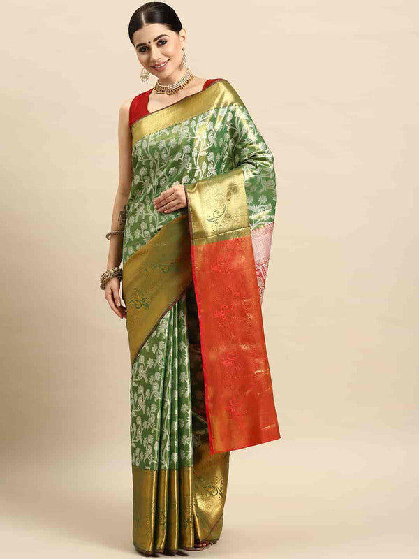 Green Brocade Woven Zari Design Floral Saree with Unstitched Blouse - Hiral Fashion
