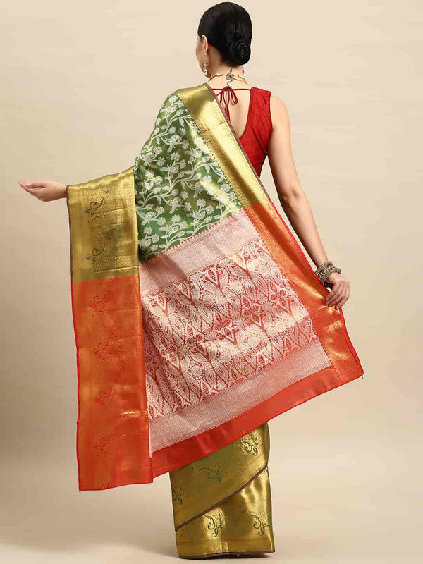 Green Brocade Woven Zari Design Floral Saree with Unstitched Blouse - Hiral Fashion