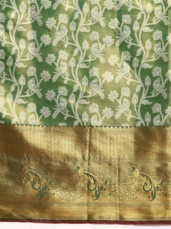 Green Brocade Woven Zari Design Floral Saree with Unstitched Blouse - Hiral Fashion