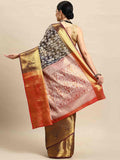 Navy Blue Brocade Woven Zari Design Floral Saree with Unstitched Blouse - Hiral Fashion