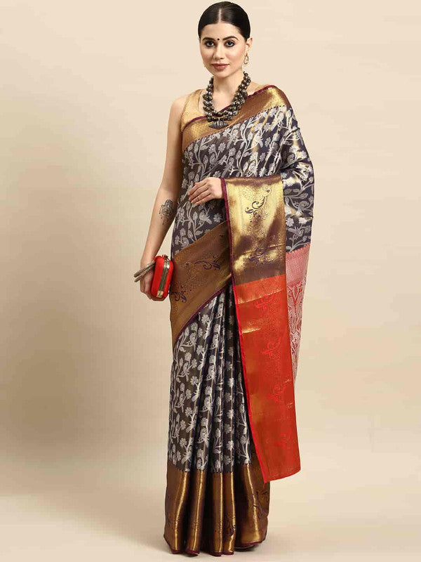 Navy Blue Brocade Woven Zari Design Floral Saree with Unstitched Blouse - Hiral Fashion