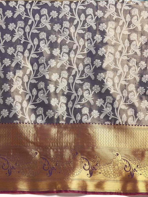 Navy Blue Brocade Woven Zari Design Floral Saree with Unstitched Blouse - Hiral Fashion