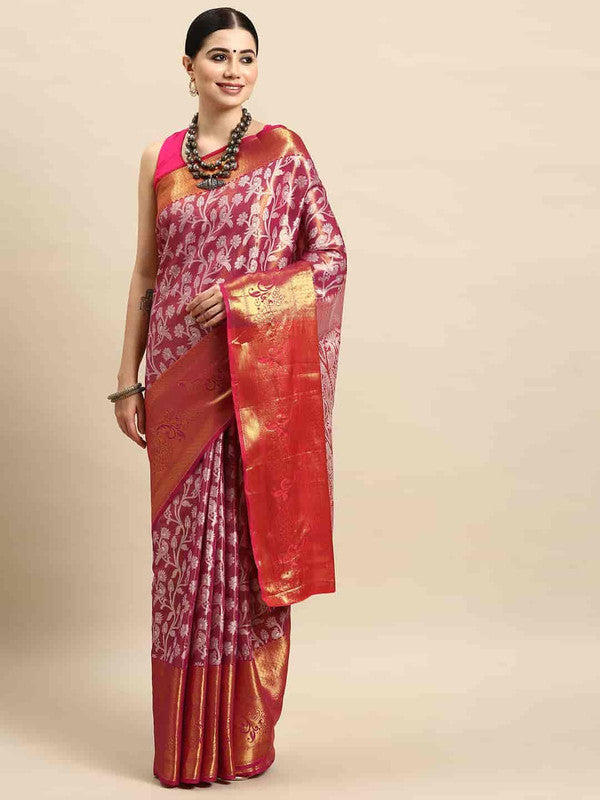 Pink Brocade Woven Zari Design Floral Saree with Unstitched Blouse - Hiral Fashion