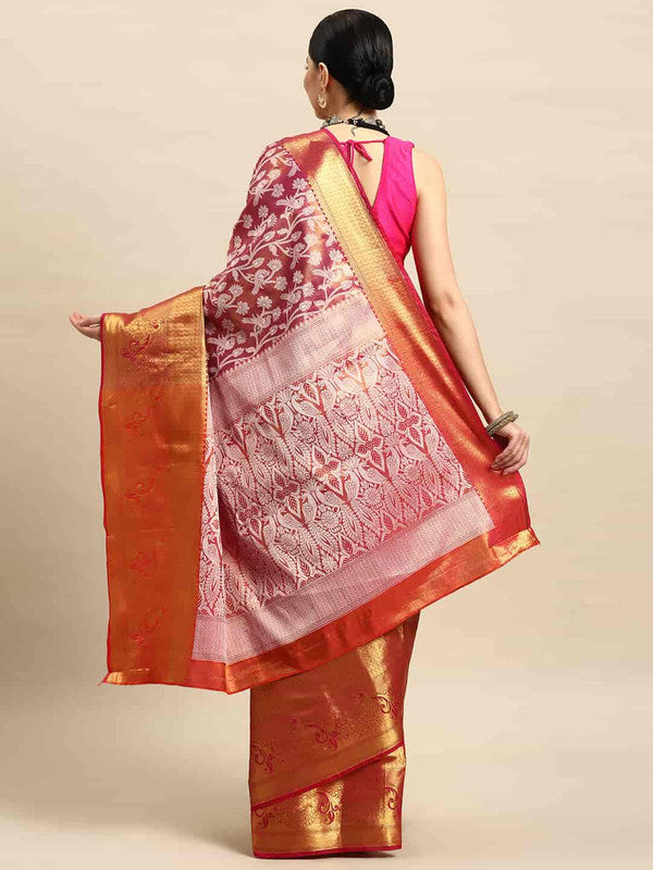 Pink Brocade Woven Zari Design Floral Saree with Unstitched Blouse - Hiral Fashion