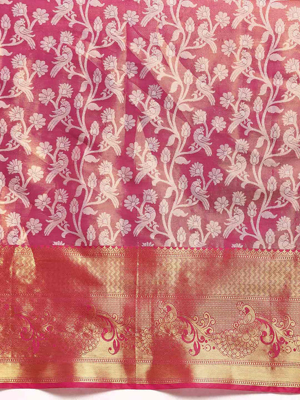 Pink Brocade Woven Zari Design Floral Saree with Unstitched Blouse - Hiral Fashion