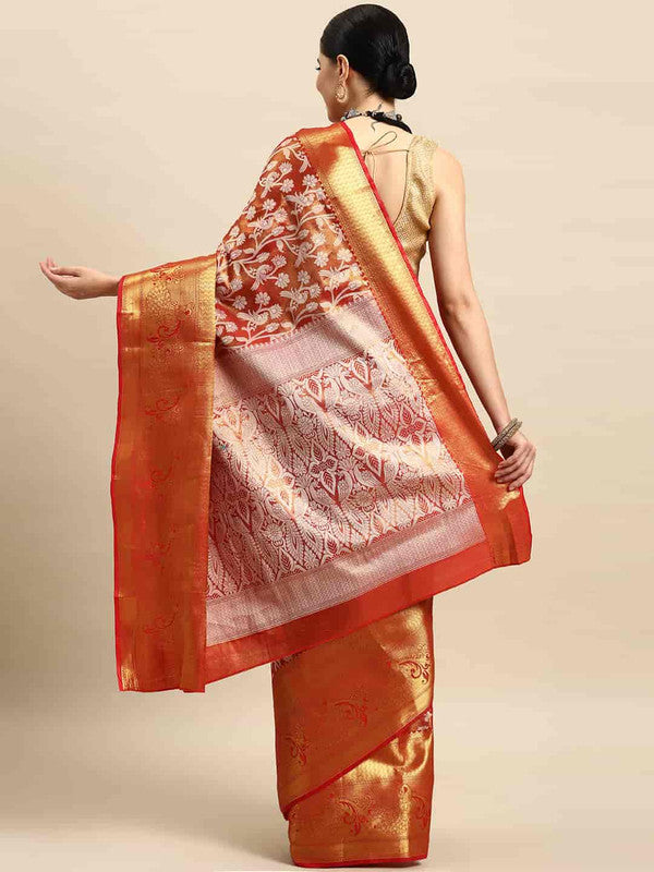 Red Brocade Woven Zari Design Floral Saree with Unstitched Blouse - Hiral Fashion