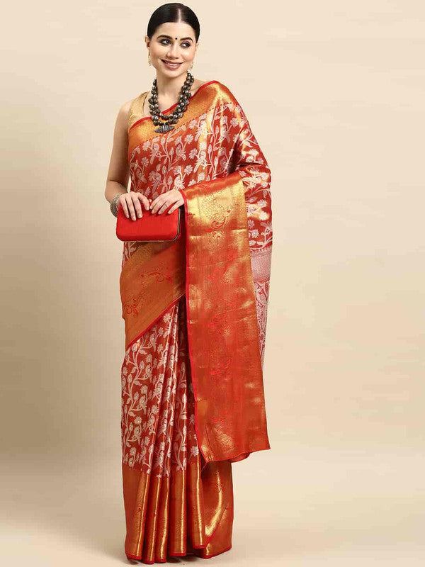 Red Brocade Woven Zari Design Floral Saree with Unstitched Blouse - Hiral Fashion