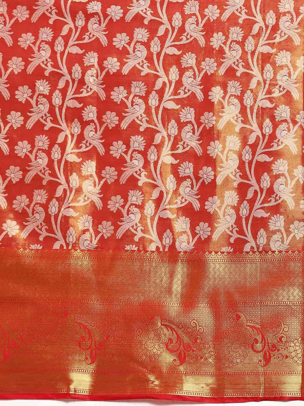 Red Brocade Woven Zari Design Floral Saree with Unstitched Blouse - Hiral Fashion
