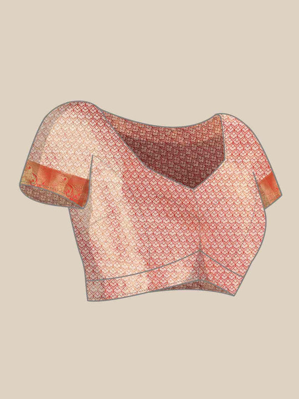 Red Brocade Woven Zari Design Floral Saree with Unstitched Blouse - Hiral Fashion