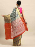 Turquoise Brocade Woven Zari Design Floral Saree with Unstitched Blouse - Hiral Fashion