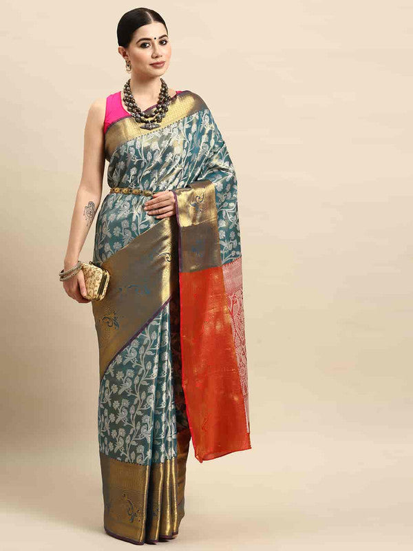 Turquoise Brocade Woven Zari Design Floral Saree with Unstitched Blouse - Hiral Fashion