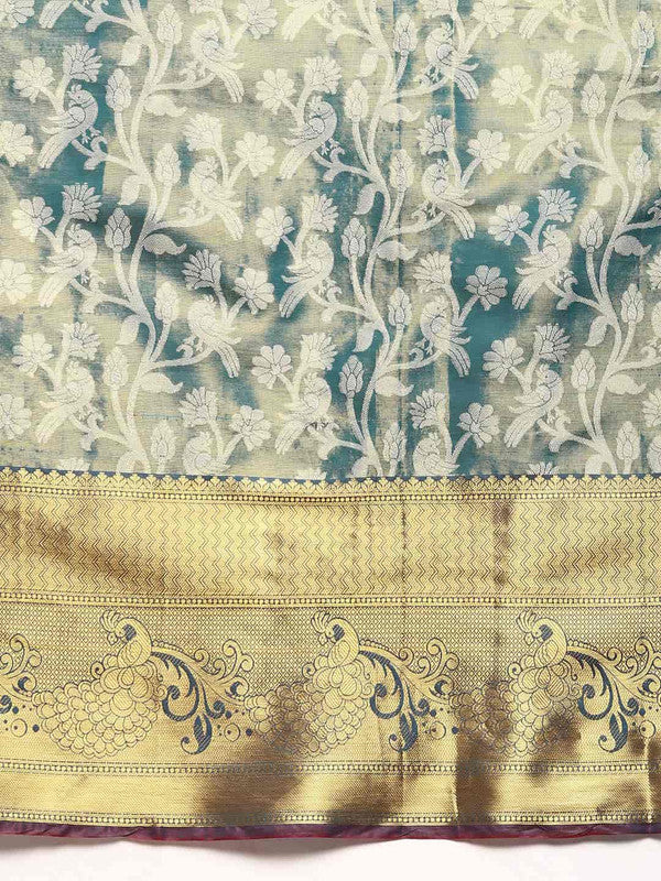 Turquoise Brocade Woven Zari Design Floral Saree with Unstitched Blouse - Hiral Fashion
