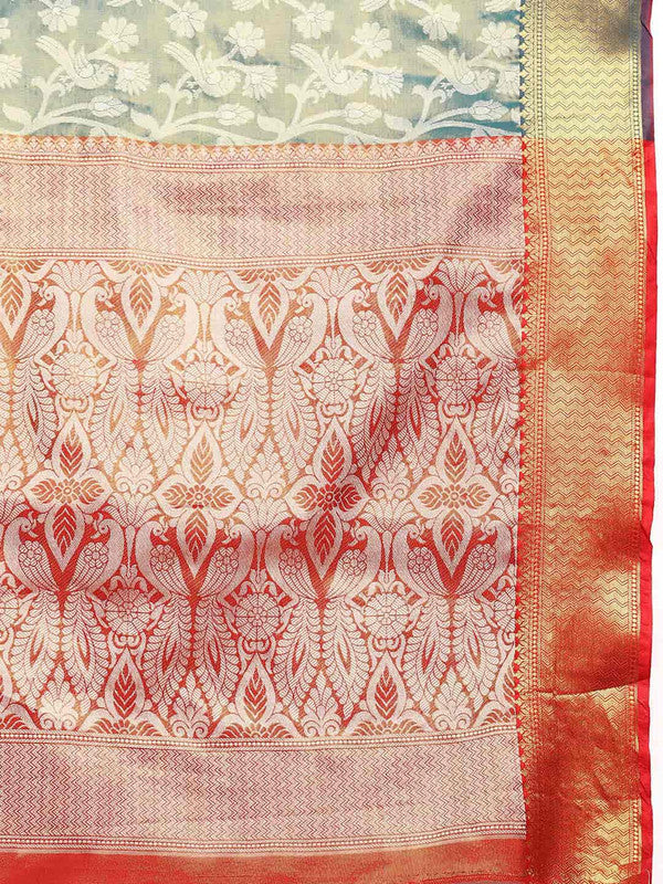 Turquoise Brocade Woven Zari Design Floral Saree with Unstitched Blouse - Hiral Fashion