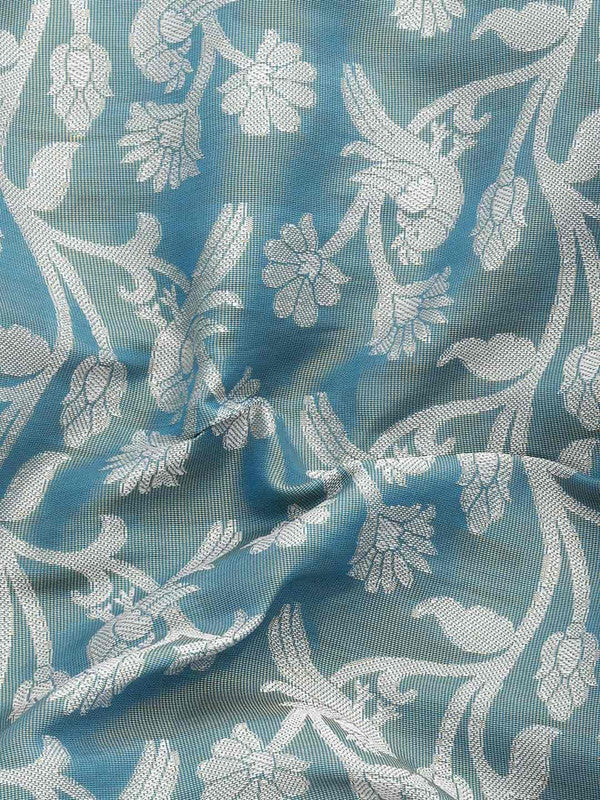 Turquoise Brocade Woven Zari Design Floral Saree with Unstitched Blouse - Hiral Fashion