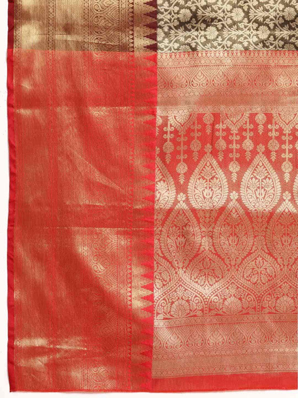 Black Brocade Woven Zari Design Ethnic Motifs Saree with Unstitched Blouse - Hiral Fashion