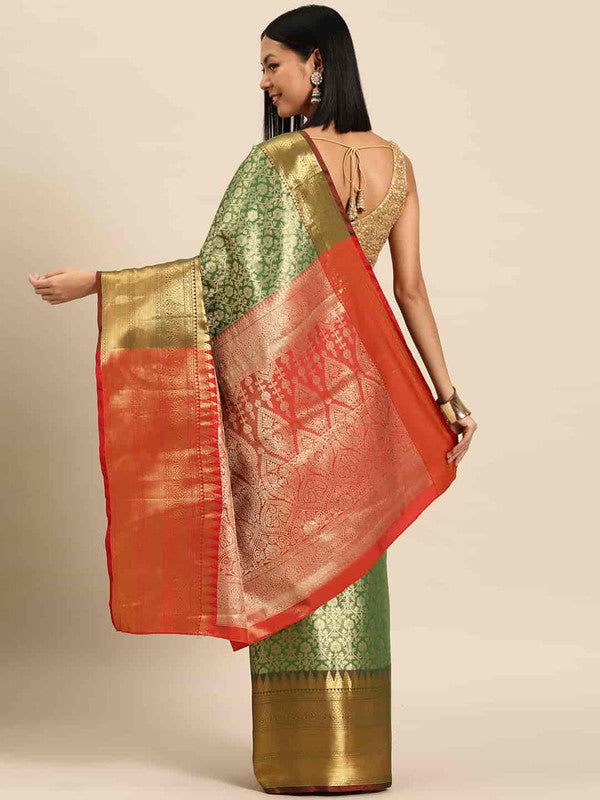 Green Brocade Woven Zari Design Ethnic Motifs Saree with Unstitched Blouse - Hiral Fashion