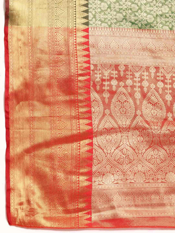 Green Brocade Woven Zari Design Ethnic Motifs Saree with Unstitched Blouse - Hiral Fashion