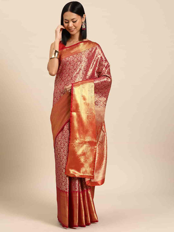 Pink Brocade Woven Zari Design Ethnic Motifs Saree with Unstitched Blouse - Hiral Fashion