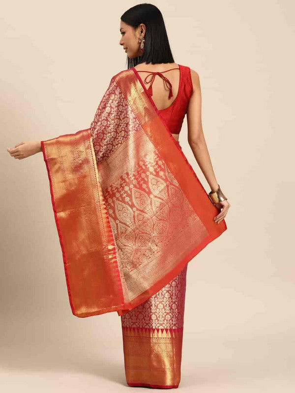 Pink Brocade Woven Zari Design Ethnic Motifs Saree with Unstitched Blouse - Hiral Fashion
