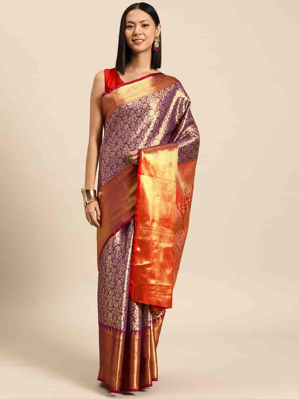 Purple Brocade Woven Zari Design Ethnic Motifs Saree with Unstitched Blouse - Hiral Fashion