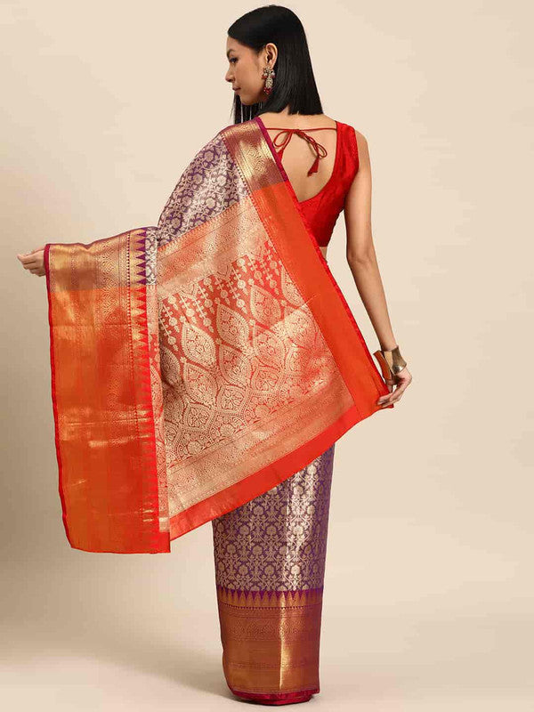 Purple Brocade Woven Zari Design Ethnic Motifs Saree with Unstitched Blouse - Hiral Fashion