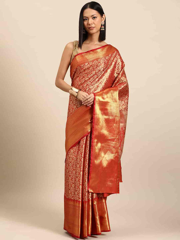 Red Brocade Woven Zari Design Ethnic Motifs Saree with Unstitched Blouse - Hiral Fashion