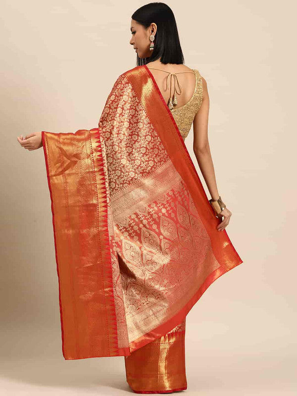 Red Brocade Woven Zari Design Ethnic Motifs Saree with Unstitched Blouse - Hiral Fashion