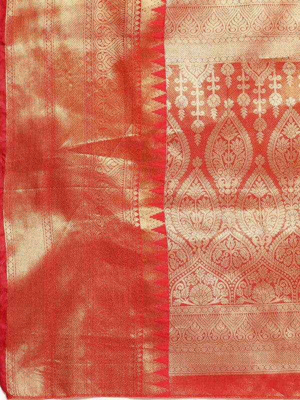 Red Brocade Woven Zari Design Ethnic Motifs Saree with Unstitched Blouse - Hiral Fashion