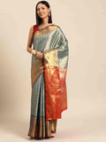 Turquoise Brocade Woven Zari Design Ethnic Motifs Saree with Unstitched Blouse - Hiral Fashion