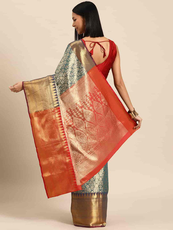 Turquoise Brocade Woven Zari Design Ethnic Motifs Saree with Unstitched Blouse - Hiral Fashion