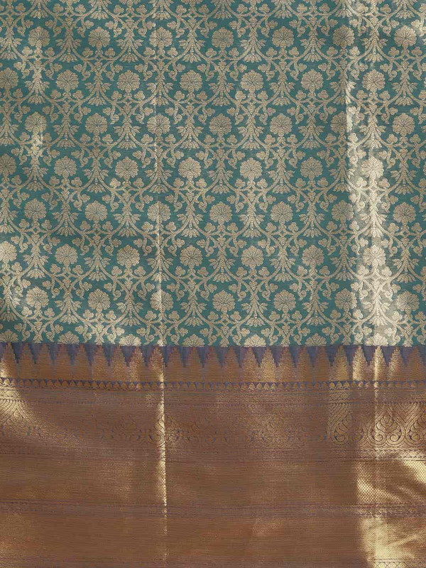 Turquoise Brocade Woven Zari Design Ethnic Motifs Saree with Unstitched Blouse - Hiral Fashion